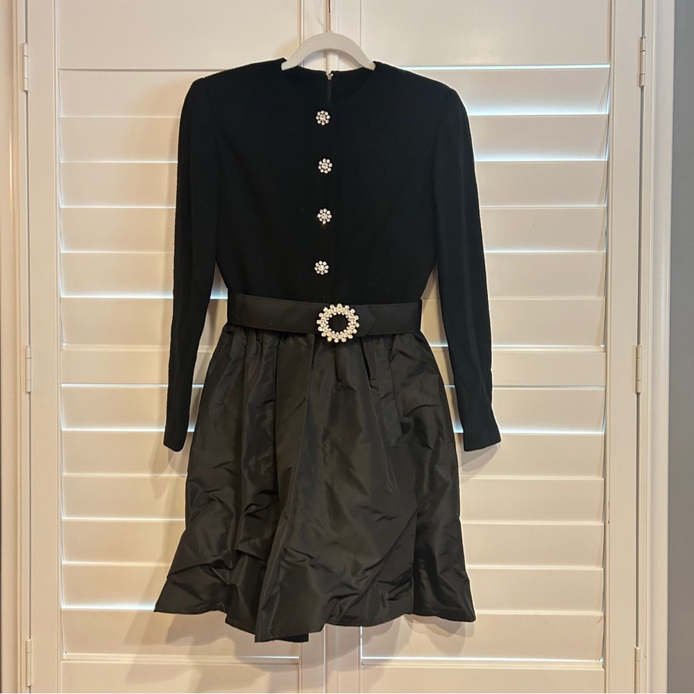 Victor Costa Vintage Mixed Material Velvet Dress with Jeweled Buttons Black Med